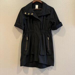 Ali Ro‎ Anorak “Hooded” Black Gold Zip Snap Pockets Hideaway Hood Jacket Size 2